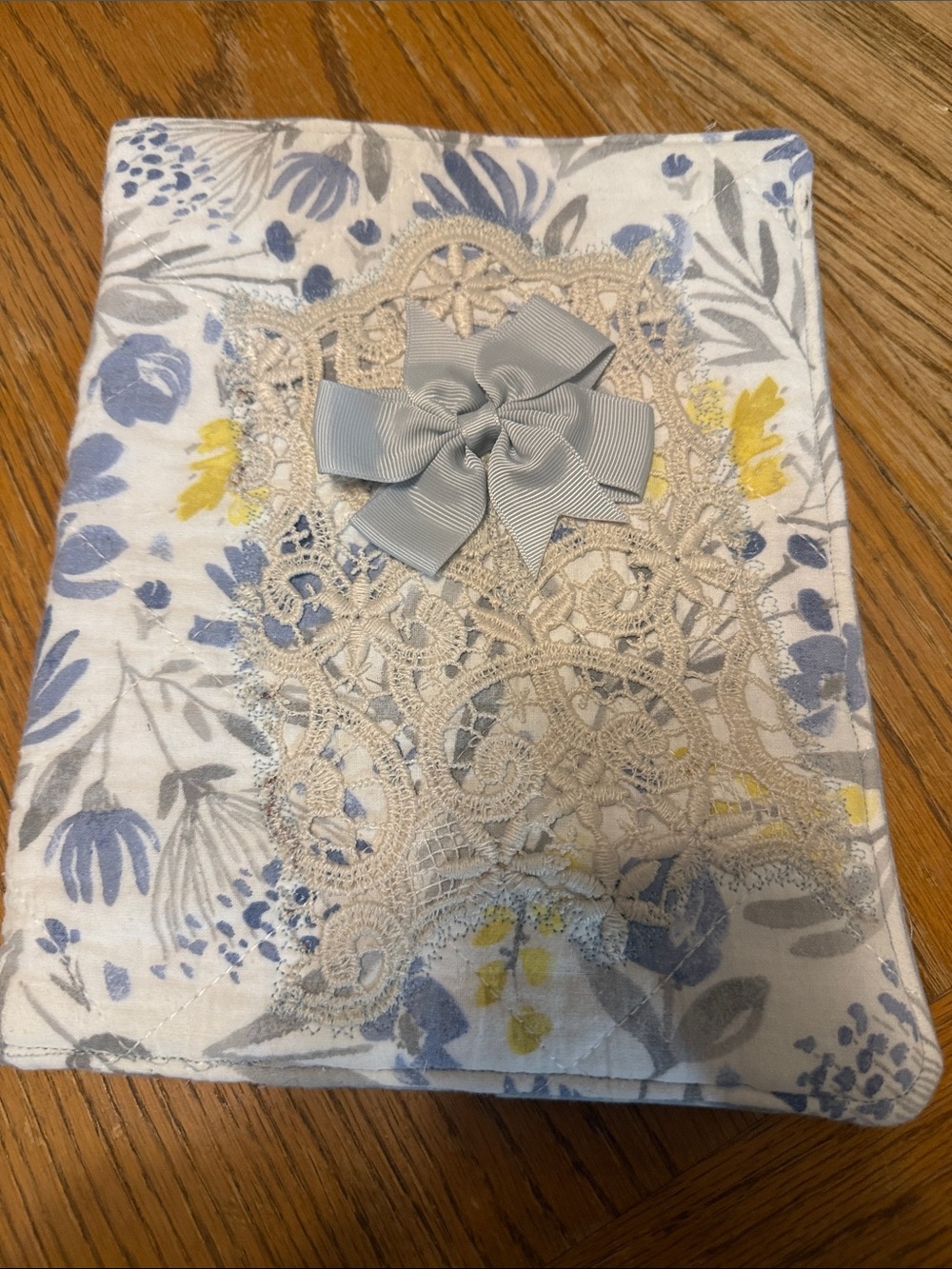 Luxe Floral Blue, Yellow and Cream Decorative Bible cover with Lace and Bow